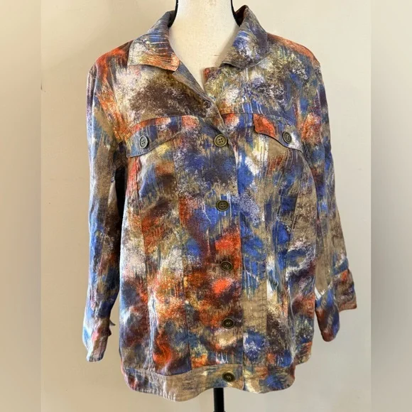 Multiples linen button up jacket abstract multicolored Plus Size 0X - Picture 4 of 11
